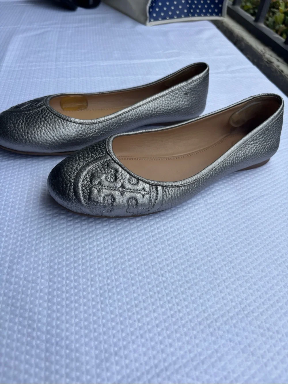 Tory Burch Metallic Silver Leather Ballet Flats